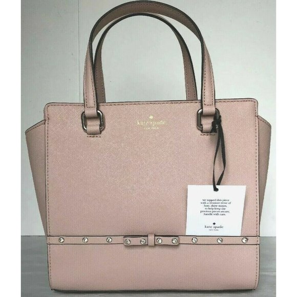 New Kate Spade Small Hadlee Laurel Way Jeweled Saffiano Leather Tote Warm Vellum
